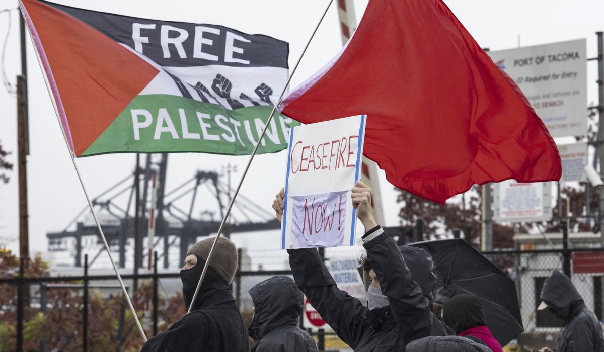 NextImg:Protesters calling for Gaza cease-fire block road at Port of Tacoma while military cargo ship docks