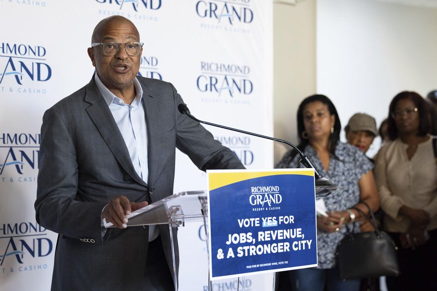 Alfred Liggins, III, CEO of Urban One, Inc., speaks about plans for a resort, casino, and entertainment complex during a news conference, Aug. 31, 2023, in Richmond, Va. Voters in Virginia's capital city will decide on Tuesday, Nov. 7, whether developers can move forward with a proposed $562 million resort casino along Interstate 95. (Mike Kropf/Richmond Times-Dispatch via AP, File)