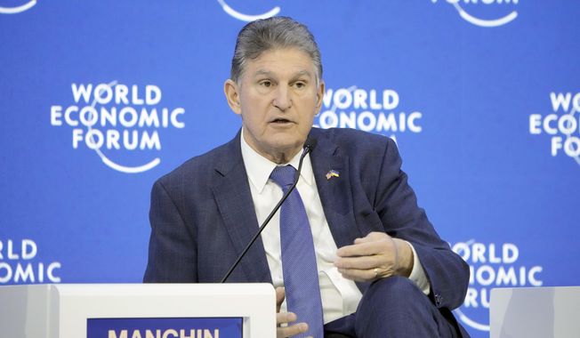 Sen. Joe Manchin, D-W.Va., talks at the World Economic Forum in Davos, Switzerland ,Jan. 19, 2023. Manchin announced he won&#x27;t seek reelection in 2024, giving Republicans a prime opportunity to gain a seat in the heavily GOP state.(AP Photo/Markus Schreiber, File)
