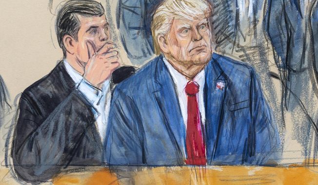 This artist sketch depicts former President Donald Trump, right, conferring with defense lawyer Todd Blanche, left, during his appearance at the Federal Courthouse in Washington, Aug. 3, 2023. Trump is pushing for his federal election interference trial in Washington to be televised. He&#x27;s joining media outlets that say the American public should be able to watch the historic case unfold. (Dana Verkouteren via AP) **FILE**