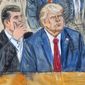 This artist sketch depicts former President Donald Trump, right, conferring with defense lawyer Todd Blanche, left, during his appearance at the Federal Courthouse in Washington, Aug. 3, 2023. Trump is pushing for his federal election interference trial in Washington to be televised. He&#x27;s joining media outlets that say the American public should be able to watch the historic case unfold. (Dana Verkouteren via AP) **FILE**