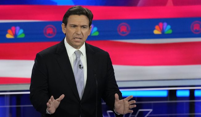 Republican presidential candidate Florida Gov. Ron DeSantis speaks during a Republican presidential primary debate hosted by NBC News, Wednesday, Nov. 8, 2023, at the Adrienne Arsht Center for the Performing Arts of Miami-Dade County in Miami. (AP Photo/Rebecca Blackwell)