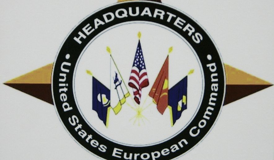 The logo of the headquarters of the US European Command (US EUCOM) is seen in the Patch Barracks in Stuttgart, southwestern Germany, Dec. 4, 2006. Five U.S. servicepeople were killed when a military aircraft crashed over the eastern Mediterranean Sea during a training mission, U.S. European Command said Sunday, Nov. 12, 2023. (AP Photo/Thomas Kienzle, file)