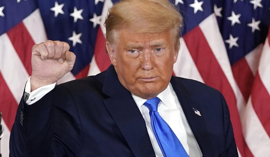 President Donald Trump pumps his fist after speaking in the East Room of the White House, early Wednesday, Nov. 4, 2020, in Washington. (AP Photo/Evan Vucci, File)