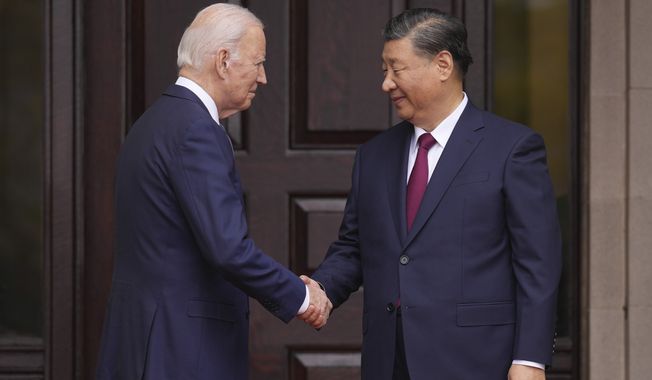 President Joe Biden greets China鈥檚 President President Xi Jinping at the Filoli Estate in Woodside, Calif., Wednesday, Nov, 15, 2023, on the sidelines of the Asia-Pacific Economic Cooperative conference. (Doug Mills/The New York Times via AP, Pool)