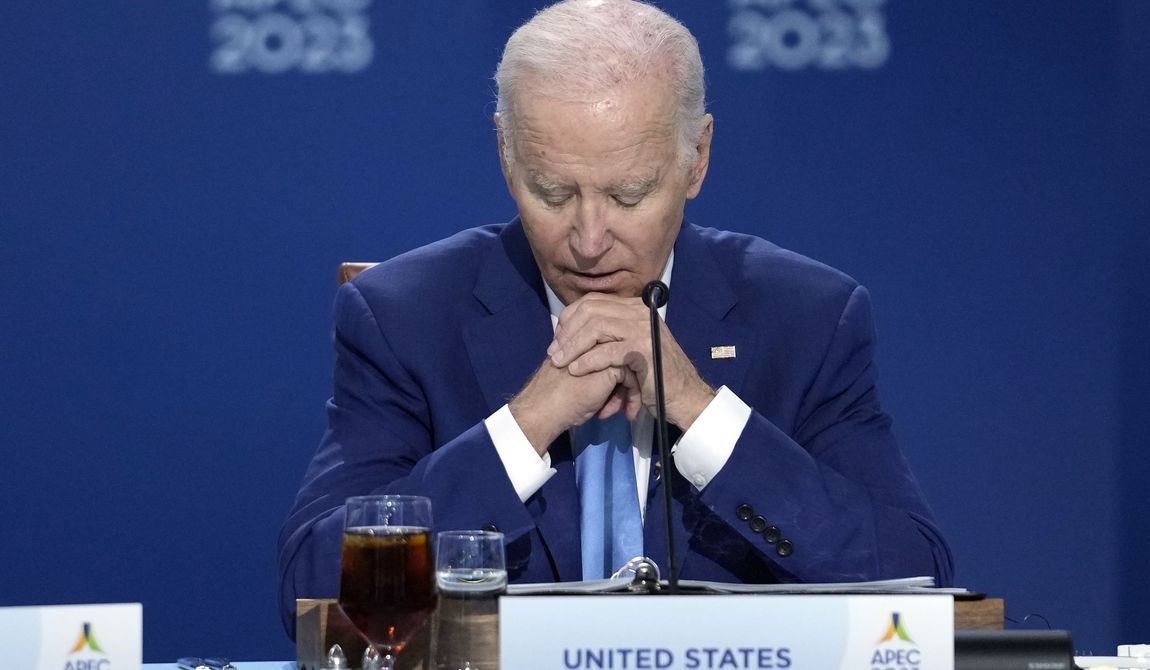 President Joe Biden listens at a informal dialogue and working lunch at the annual Asia-Pacific Economic Cooperation summit, Thursday, Nov. 16, 2023, in San Francisco. (AP Photo/Godofredo A. V谩squez)