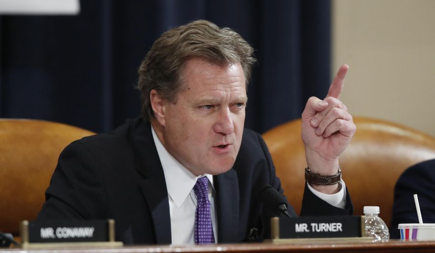 Rep. Mike Turner, R-Ohio, speaks during a House Intelligence Committee hearing on Capitol Hill in Washington, Nov. 20, 2019. Turner, the Republican chairman of the House Intelligence Committee, is calling for the renewal of a key U.S. government surveillance tool while also proposing a series of changes aimed at safeguarding privacy. The proposals announced Thursday are part of a late scramble inside Congress and the White House to guarantee the reauthorization of Section 702 of the Foreign Intelligence Surveillance Act., which allows spy agencies to collect emails and other communications. (AP Photo/Alex Brandon, File)