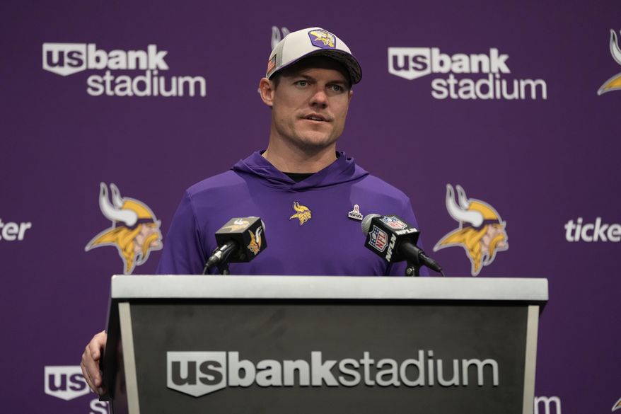 Minnesota Vikings head coach Kevin O'Connell answers questions during a press conference after an NFL football game against the New Orleans Saints, Sunday, Nov. 12, 2023, in Minneapolis. The Vikings won 27-19. (AP Photo/Abbie Parr)