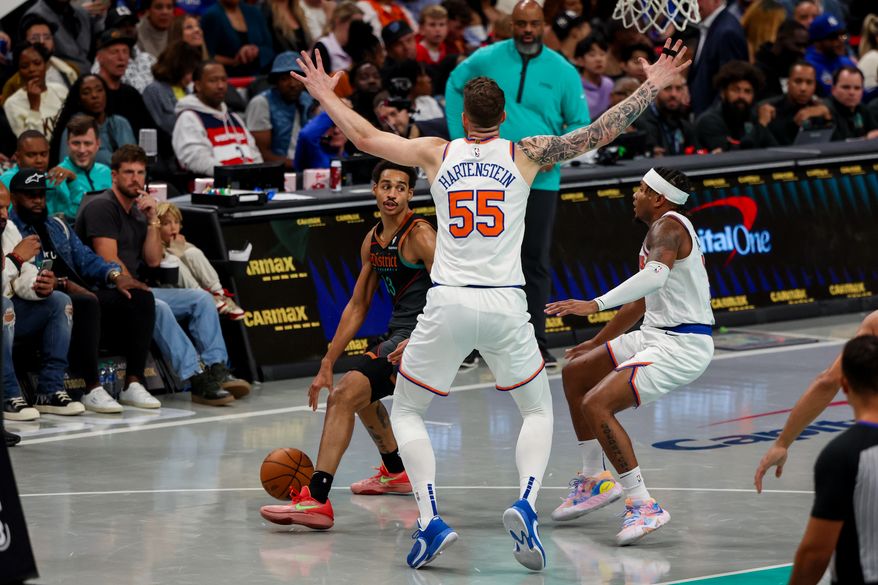 Shooting guard Jordan Poole (13) dribbling around the New York defense. The Washington Wizards lost to the New York Knicks 99 - 120 at Capital One Arena in Washington D.C. on Friday, November 17, 2023. (Photo: Taylor McLaughlin / All-Pro Reels)