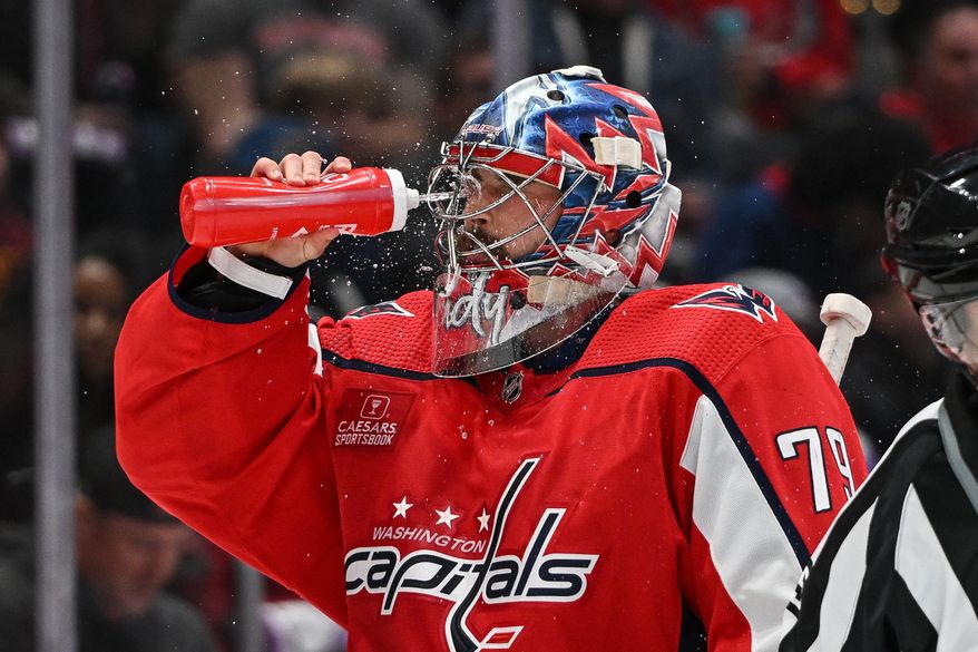 Washington Capitals goalie Charlie Lindgren (79) during a break in the action during the first period of an NHL game against the Columbus Blue Jackets at Capital One Arena in Washington D.C., November 18, 2023. (Photo by Billy Sabatini)