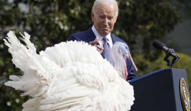 President Joe Biden speaks after pardoning the national Thanksgiving turkey, Liberty, during a pardoning ceremony at the White House in Washington, Monday, Nov. 20, 2023. (AP Photo/Susan Walsh)