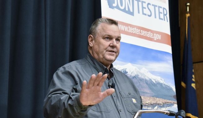 Sen. Jon Tester, D-Mont., speaks during a town hall hosted by the Democratic lawmaker at Montana Technological University, Nov. 10, 2023, in Butte, Mont. The lawmaker is seeking reelection to a fourth term. (AP Photo/Matthew Brown)