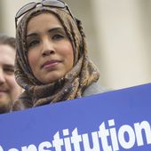 Zainab Chaudry joins other demonstrators outside the Supreme Court in Washington, on Wednesday, Feb. 25, 2015. The Maryland Attorney General this week, Tuesday, Nov. 21, 2023, suspended Chaudry, a member of the state鈥檚 new commission aimed at addressing hate crimes, after she posted on social media criticizing the recent actions of Israel in Gaza. (AP Photo/Pablo Martinez Monsivais, File)