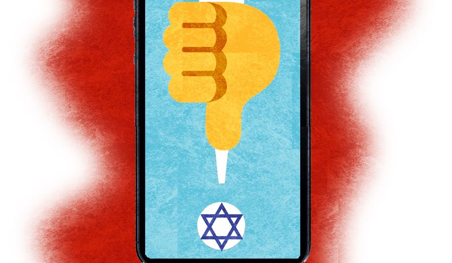 Illustration on Big Tech social media suppression of support for Israel by Alexander Hunter/The Washington Times