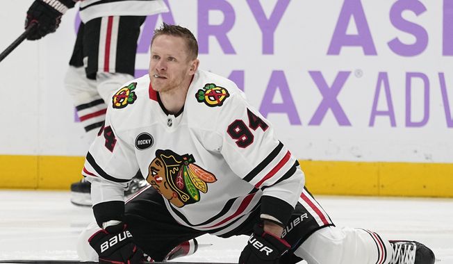 Chicago Blackhawks right wing Corey Perry (94) warms up before an NHL hockey game against the Nashville Predators, Saturday, Nov. 18, 2023, in Nashville, Tenn. (AP Photo/George Walker IV) **FILE**