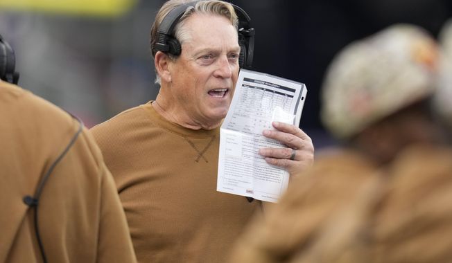 Washington Commanders defensive coordinator Jack Del Rio during an NFL football game, Sunday, Nov. 5, 2023, in Foxborough, Mass. The Washington Commanders have fired defensive coordinator Jack Del Rio and defensive backs coach Brent Vieselmeyer. Del Rio was 12 games into his fourth season with the team. The moves made Friday, Nov. 24, come after the Commanders lost 45-10 at Dallas on Thursday. (AP Photo/Charles Krupa) **FILE**