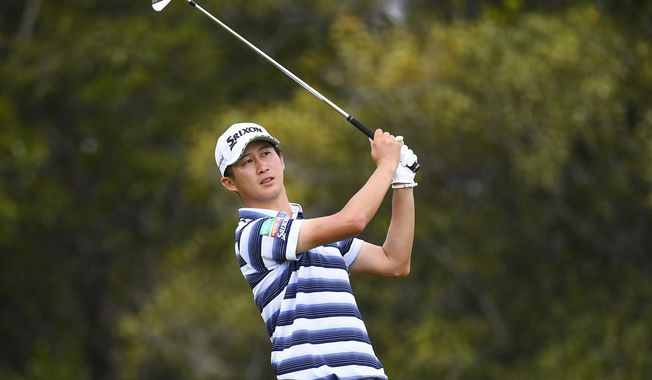 Japan&#x27;s Rikuya Hoshino plays a shot during the third round of the Australian PGA Championship in Brisbane, Saturday, Nov. 25, 2023. (Jono Searle/AAP Image via AP)