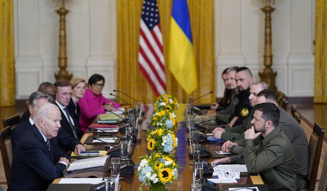 President Joe Biden meets with Ukrainian President Volodymyr Zelenskyy in the East Room of the White House, Thursday, Sept. 21, 2023, in Washington. President Joe Biden鈥檚 nearly $106 billion aid package for Ukraine, Israel and other needs sits idle in Congress, neither approved nor rejected, but subjected to new political demands. Republicans are insisting on U.S.-Mexico border policy provisions in exchange for any new funds for Ukraine to fight Russia. (AP Photo/Evan Vucci, File)