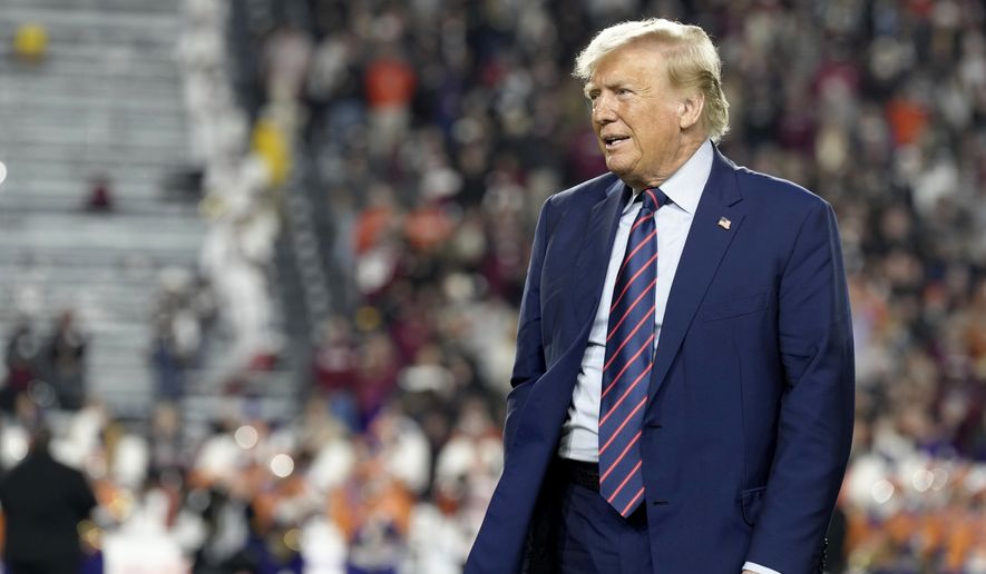 Republican presidential candidate and former President Donald Trump stands on the field during halftime in an NCAA college football game between the University of South Carolina and Clemson on Saturday, Nov. 25, 2023, in Columbia, S.C. (AP Photo/Meg Kinnard) **FILE**