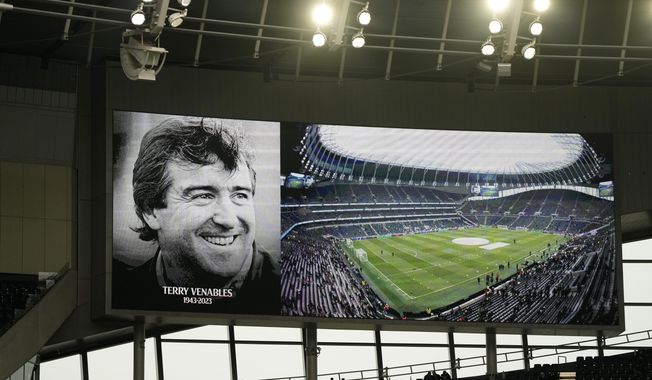 A picture of former England player and coach Terry Venables is shown on the video screen before the English Premier League soccer match between Tottenham Hotspur and Aston Villa at the Tottenham Hotspur stadium in London, Sunday, Nov. 26, 2023. Venables has passed away, it was announced Sunday. (AP Photo/Kirsty Wigglesworth)