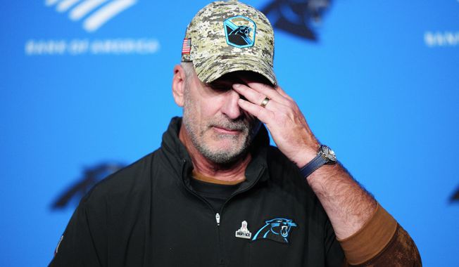 Carolina Panthers head coach Frank Reich speaks during a news conference after their loss against the Indianapolis Colts in an NFL football game Sunday, Nov. 5, 2023, in Charlotte, N.C. The Carolina Panthers fired coach Frank Reich on Monday, Nov. 27, with the team off to an NFL-worst 1-10 record in his first year in charge.(AP Photo/Jacob Kupferman, File) **FILE**