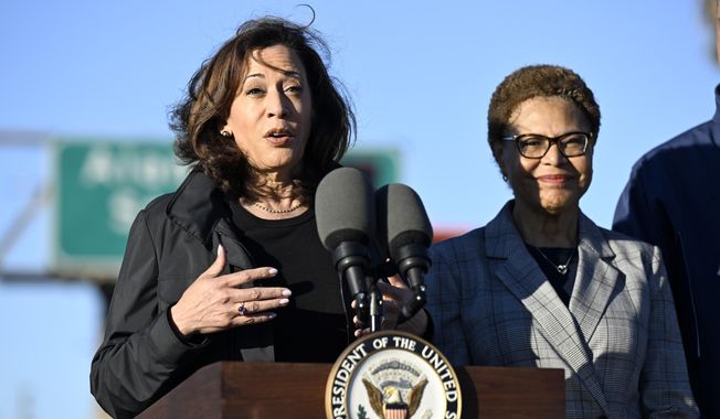 Vice President Kamala Harris, left, speaks at a news conference with Los Angeles Mayor Karen Bass about the I-10 freeway, which was closed by an underpass fire on Saturday, Nov. 11, 2023, in Los Angeles, Sunday, Nov. 19. (AP Photo/Alex Gallardo)