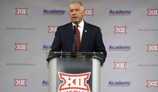 Big 12 commissioner Bob Bowlsby speaks during NCAA college football Big 12 media days Wednesday, July 14, 2021, in Arlington, Texas. Retired Big 12 commissioner Bob Bowlsby will return to Northern Iowa to serve as interim athletic director, the school announced Wednesday, Nov. 29, 2023. He was the school&#x27;s athletic director from 1983-91. (AP Photo/LM Otero, File)