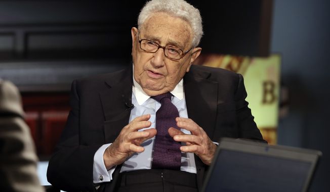 Former U.S. Secretary of State Henry Kissinger is interviewed by Neil Cavuto on his &quot;Cavuto Coast to Coast&quot; program on the Fox Business Network, June 5, 2015, in New York. Kissinger, the diplomat with the thick glasses and gravelly voice who dominated foreign policy as the United States extricated itself from Vietnam and broke down barriers with China, died Wednesday, Nov. 29, 2023. He was 100. (AP Photo/Richard Drew, File)