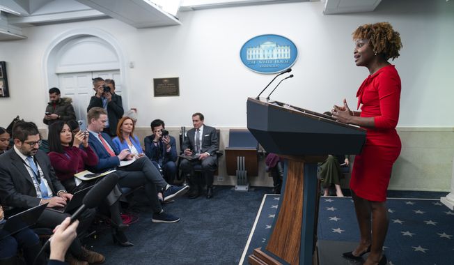 White House press secretary Karine Jean-Pierre speaks during a press briefing at the White House, Thursday, Nov. 30, 2023, in Washington. The White House unveiled a new lectern in the James S. Brady Press Briefing Room. (AP Photo/Evan Vucci)