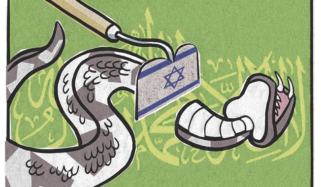 Israel peace and fighting terrorists illustration illustration by Alexander Hunter/The Washington Times