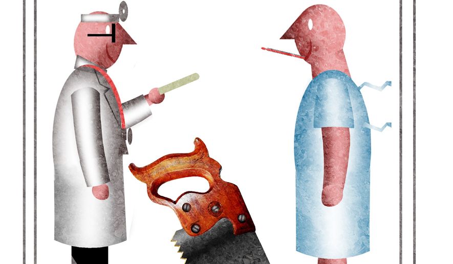 Medicare cuts for doctors illustration by Alexander Hunter/The Washington Times