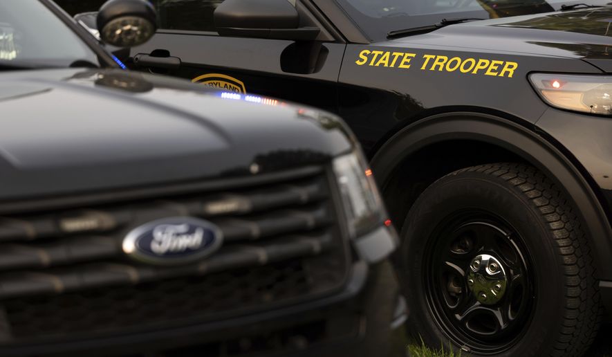 Maryland State Trooper cars appear on display during National Night Out, Tuesday, August 1, 2023, in Salisbury, Md. The event, hosted by the Salisbury Police Department, aims to promote stronger community relationships and includes a number of organizations that provide support services to families. (AP Photo/Julia Nikhinson) **FILE**
