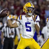 FILE - LSU quarterback Jayden Daniels (5) throws a passduring the first half of an NCAA college football game, against Alabama Saturday, Nov. 4, 2023, in Tuscaloosa, Ala. Daniels is a finalists for the Heisman Trophy. (AP Photo/Vasha Hunt, File)