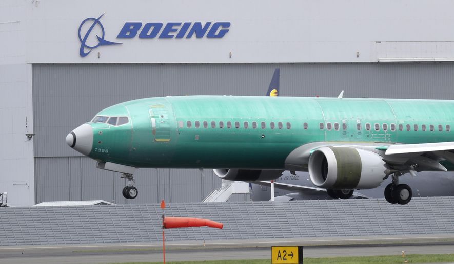 A Boeing 737 MAX 8 airplane being lands following a test flight at Boeing Field in Seattle, April 10, 2019. Boeing says deliveries of airline planes are up, after being slowed earlier this year by manufacturing problems. The company said Tuesday, Dec. 12, 2023, that it delivered 56 commercial planes in November. That&#x27;s nearly as many as September and October combined. (AP Photo/Ted S. Warren, File)
