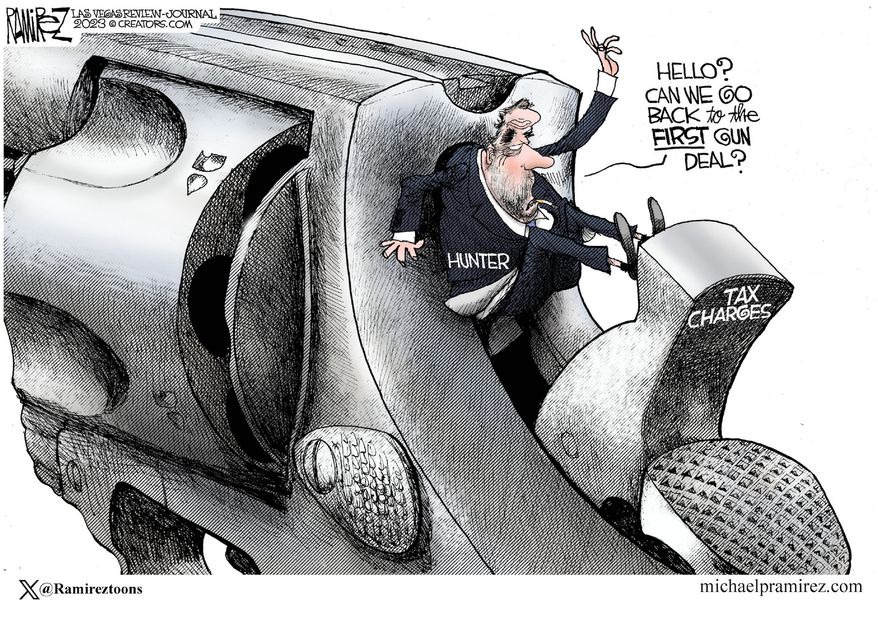 Hello? Can we go back to the first gun deal? (Illustration by Michael Ramirez for Creators Syndicate)