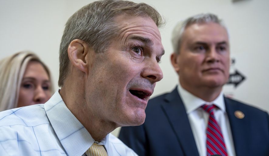 House Judiciary Committee Chairman Jim Jordan, R-Ohio, flanked by Rep. Marjorie Taylor Greene, R-Ga., left, and House Oversight and Accountability Committee Chairman James Comer, R-Ky., right, speaks to reporters after Hunter Biden, President Joe Biden&#x27;s son, defied a congressional subpoena to appear privately for a deposition before Republican investigators who have been digging into his business dealings, at the Capitol in Washington, Wednesday, Dec. 13, 2023. Hunter Biden insisted outside the Capitol on Wednesday that he&#x27;d only testify in public. (AP Photo/J. Scott Applewhite)