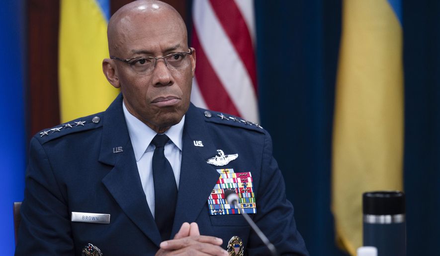Chairman of the Joint Chiefs of Staff Air Force Gen. Charles Q. Brown Jr., participates in a virtual Ukraine Defense Contact Group (UDCG) meeting, Wednesday, Nov. 22, 2023, at the Pentagon in Washington. (AP Photo/Cliff Owen)