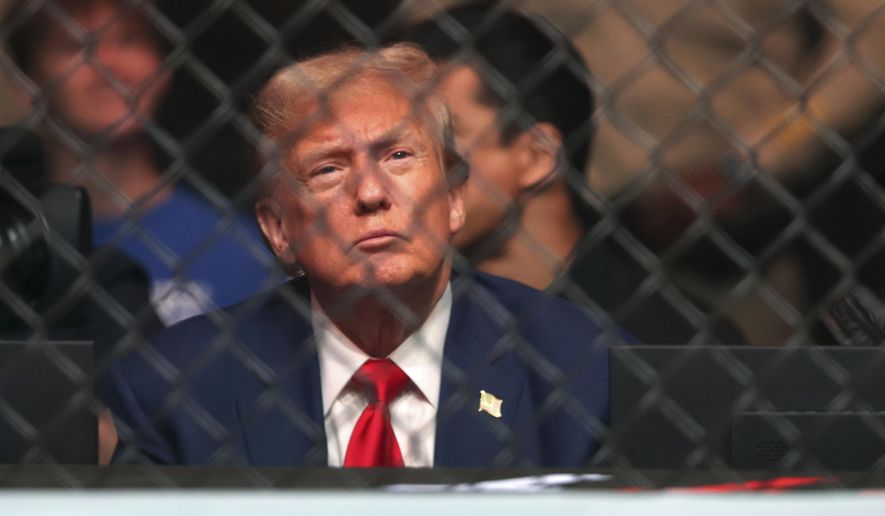 Republican presidential candidate and former President Donald Trump watches the UFC 296 mixed martial arts event Saturday, Dec. 16, 2023, in Las Vegas. (Steve Marcus/Las Vegas Sun via AP) **FILE**