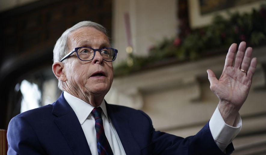 Ohio Gov. Mike DeWine speaks during an interview with The Associated Press at the Ohio Governor&#x27;s Residence in Columbus, Ohio, Thursday, Dec. 21, 2023. (AP Photo/Carolyn Kaster)