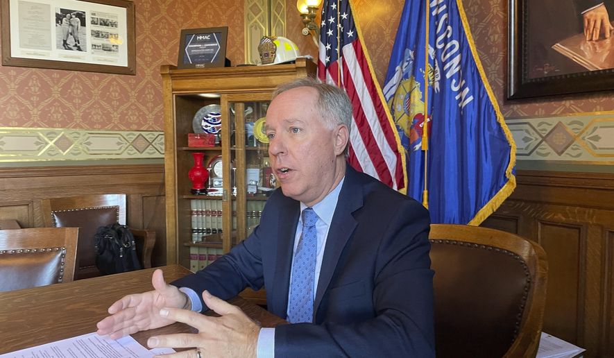 Wisconsin Assembly Speaker Robin Vos speaks during an interview with The Associated Press at the state Capitol in Madison, Wis., on Wednesday, Dec. 20, 2023. Vos said he hopes to let voters decide in a ballot question whether to shorten the length of time pregnant women can legally seek abortions in the state. (AP Photo/Harm Venhuizen)