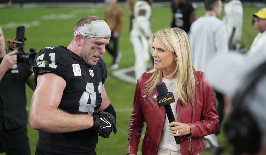 Las Vegas Raiders linebacker Robert Spillane is interviewed by NBC sports sideline reporter Melissa Stark following an NFL football game Sunday, Nov. 12, 2023, in Las Vegas. Stark has reported from sidelines in 39 stadiums on three networks and in two countries. The veteran NFL reporter adds another numeric milestone during Saturday night, Dec. 23, 2023, game between the Buffalo Bills and Los Angeles Chargers when she covers her 100th regular-season game. (AP Photo/John Locher, File)