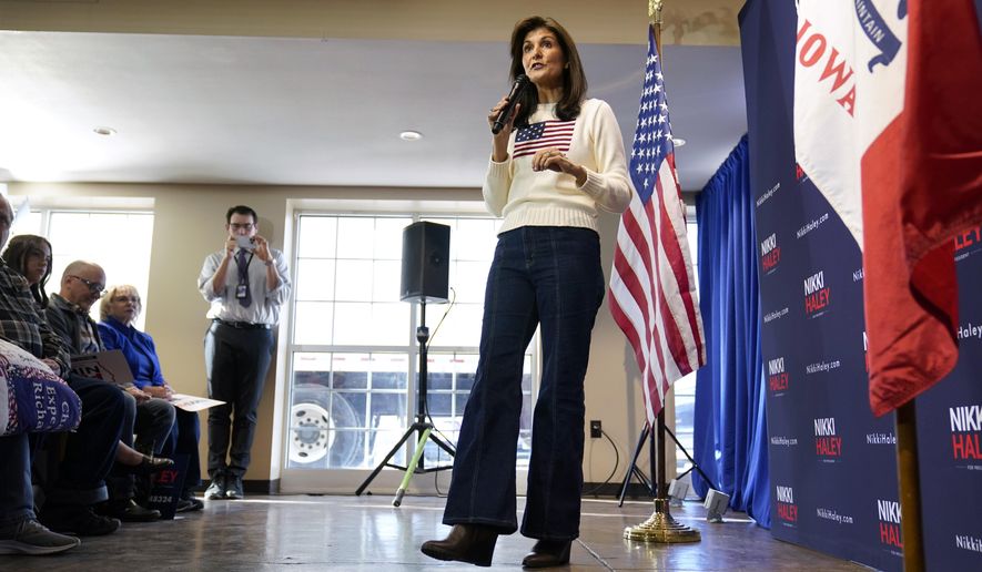 Republican presidential candidate Nikki Haley speaks during a town hall, Monday, Dec. 18, 2023, in Nevada, Iowa. (AP Photo/Charlie Neibergall)