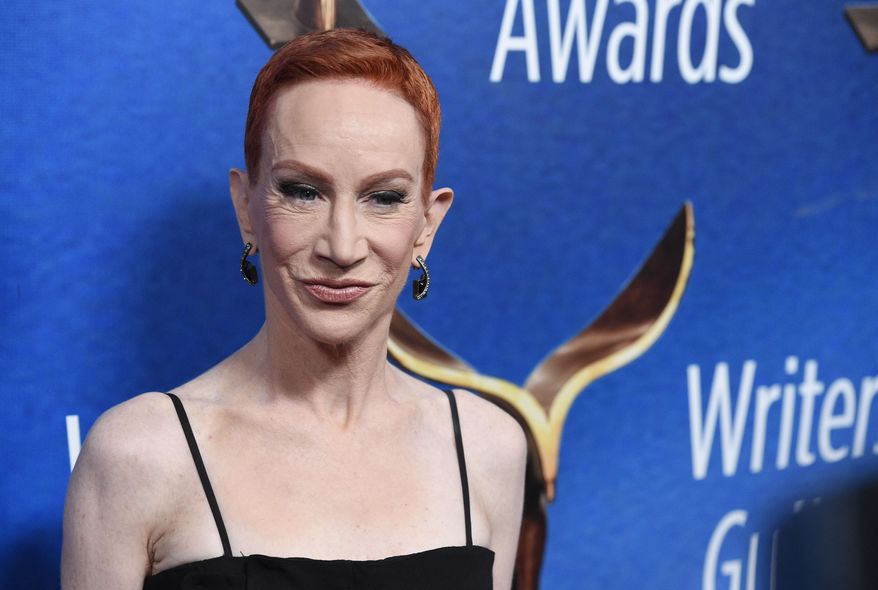 FILE - Kathy Griffin poses at the Writers Guild Awards on Feb. 11, 2018, in Beverly Hills, Calif. Court records in Los Angeles show Griffin filed for divorce from longtime partner Randy Bick on Thursday, Dec. 28, 2023, citing irreconcilable differences. The pair were married on New Year's Day in 2020 after dating for nearly a decade. (AP Photo/Chris Pizzello, File)