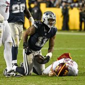 Dallas Cowboys linebacker Micah Parsons (11) after sacking Washington Commanders quarterback Sam Howell (14) during the second half of an NFL game at FedEx Field in Landover, MD, Jan. 7, 2024. (Photo by Billy Sabatini) ** FILE **