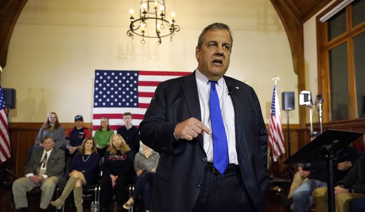 Republican presidential candidate former New Jersey Gov. Chris Christie announces he is dropping out of the race during a town hall campaign event Wednesday, Jan. 10, 2024, in Windham, N.H. (AP Photo/Robert F. Bukaty) ** FILE **