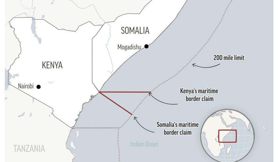 Map shows the Kenya-Somalia coastline and disputed area.