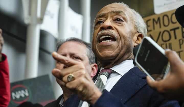 Rev. Al Sharpton speaks to the media during a protest outside the office of hedge fund billionaire Bill Ackman, who has donated millions to Harvard, to protest his campaign against diversity, equity, and inclusion Thursday, Jan. 4, 2024, in New York. Harvard University President Claudine Gay resigned Tuesday amid plagiarism accusations and criticism over testimony at a congressional hearing where she was unable to say unequivocally that calls on campus for the genocide of Jews would violate the school&#x27;s conduct policy. (AP Photo/Frank Franklin II)