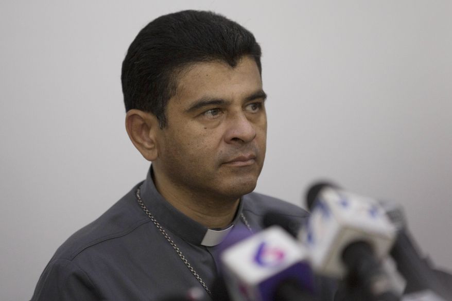 Rolando Alvarez, bishop of Matagalpa, gives a press conference regarding the Roman Catholic Church's agreeing to act as "mediator and witness" in a national dialogue between members of civil society and the government in Managua, Nicaragua, May 3, 2018. Nicaragua's government released Alvarez, sentenced to 26 years in prison for conspiracy and other crimes, and sent him on a plane to the Vatican, according to the auxiliary bishop of Managua, Monsignor Silvio Baez, on Sunday, Jan. 14, 2024. (AP Photo/Moises Castillo, File)