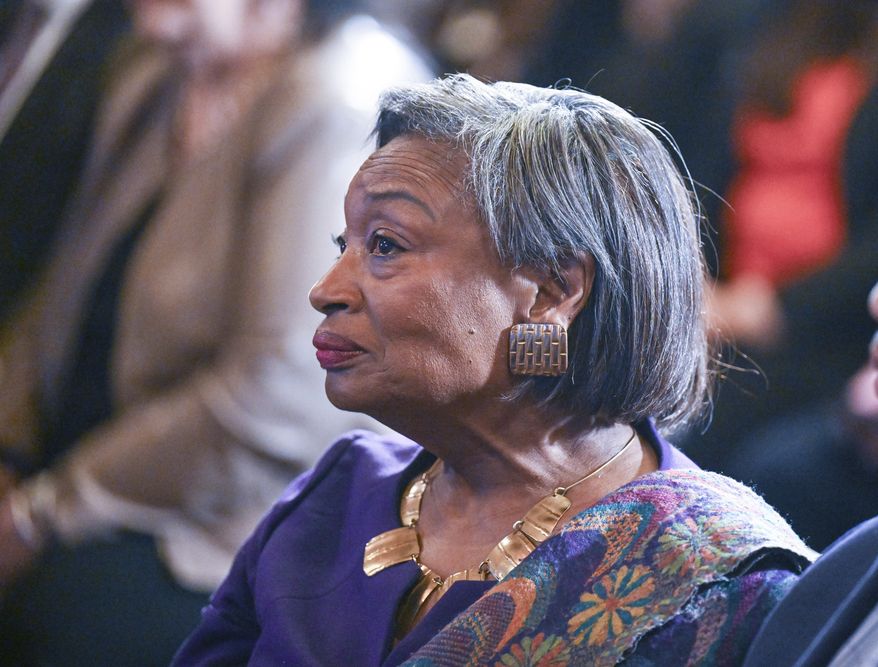 Senate Majority Leader, Andrea Stewart-Cousins, D-Yonkers, listens to New York Gov. Kathy Hochul present her 2025 executive state budget in the Red Room at the state Capitol Tuesday, Jan. 16, 2024, in Albany, N.Y. (AP Photo/Hans Pennink) ** FILE **