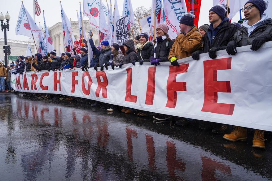 People holding the March for Life banner pause as they march past the Supreme Court, Friday, Jan. 19, 2024, in Washington. (AP Photo/Jacquelyn Martin)